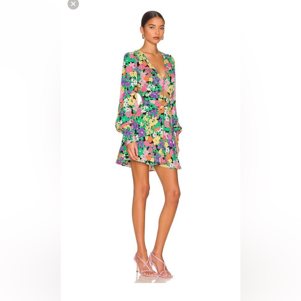 AFRM Cutout Long Sleeve Minidress Neon Garden, Size Lg